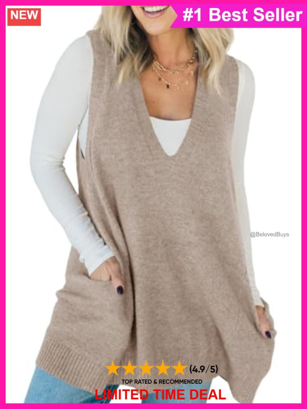 Sleeveless Sweater Vest V Neck Long Tunic Dress Loose Fit A-Line
